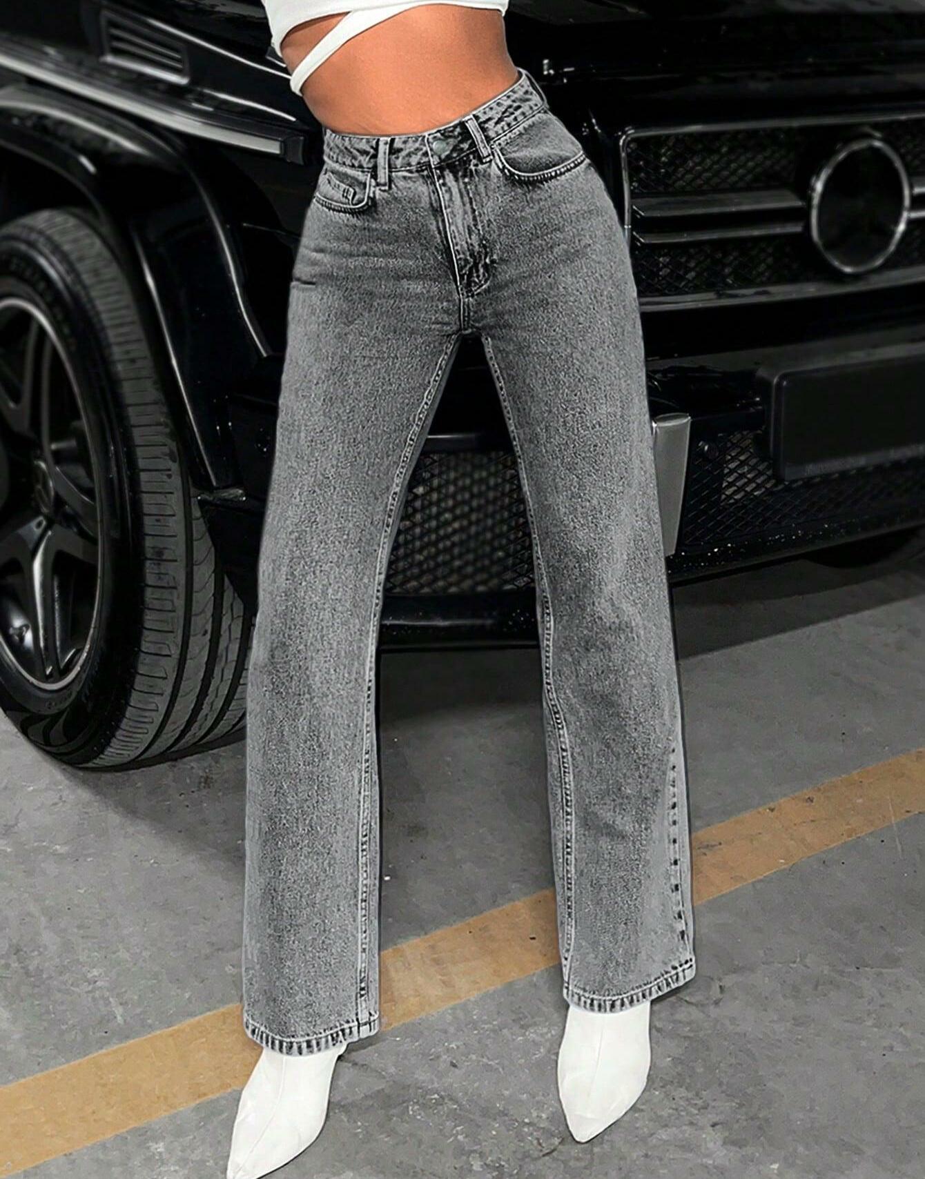 SZARE SPODNIE JEANS WYSOKI STAN