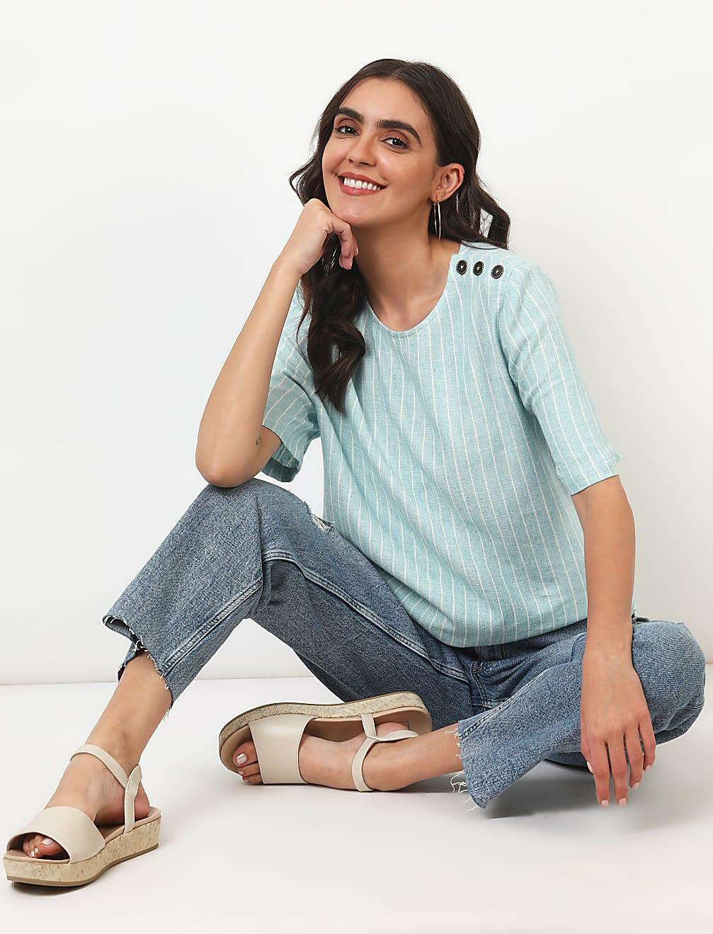 lniana bluzka w paski T52-2518K-J4
