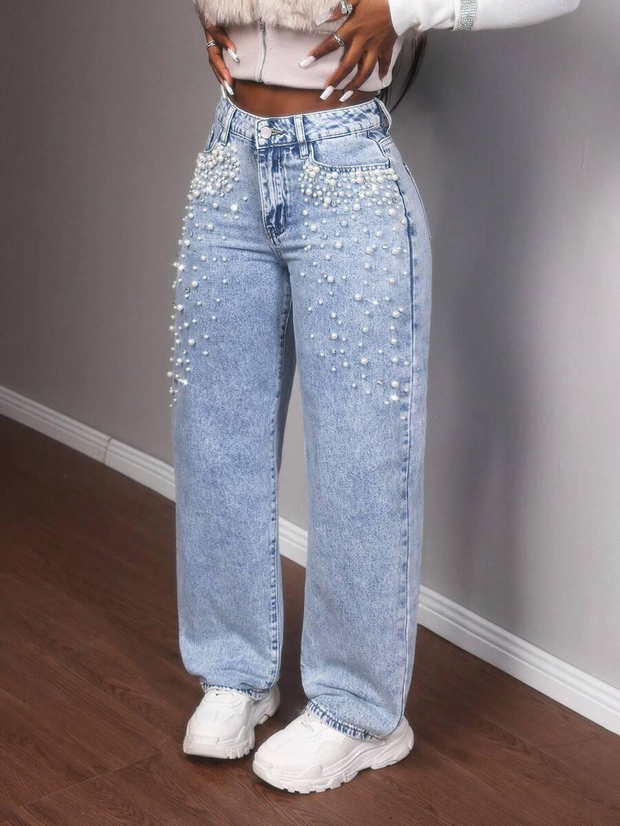 niebieskie spodnie jeans perełki