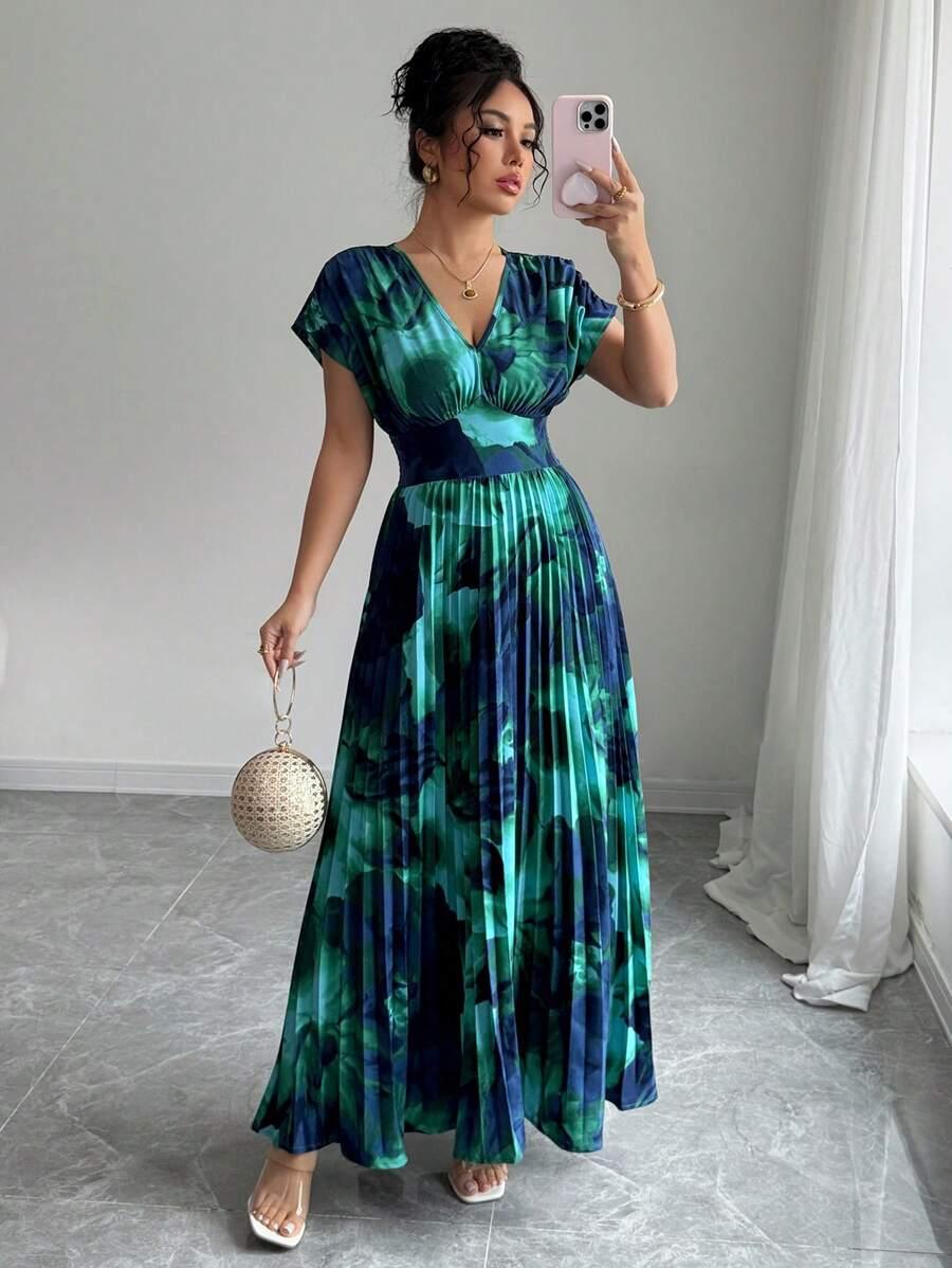 plisowana maxi sukienka v-neck