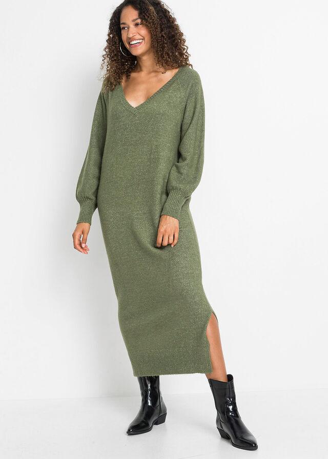 zielona dzianinowa sukienka v-neck