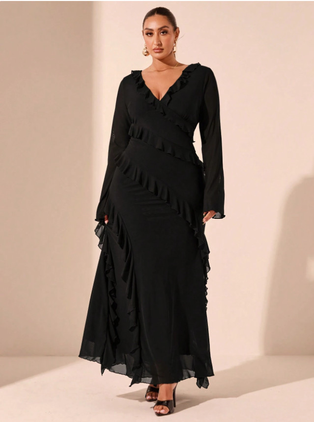 CZARNA MAXI SUKIENKA V-NECK
