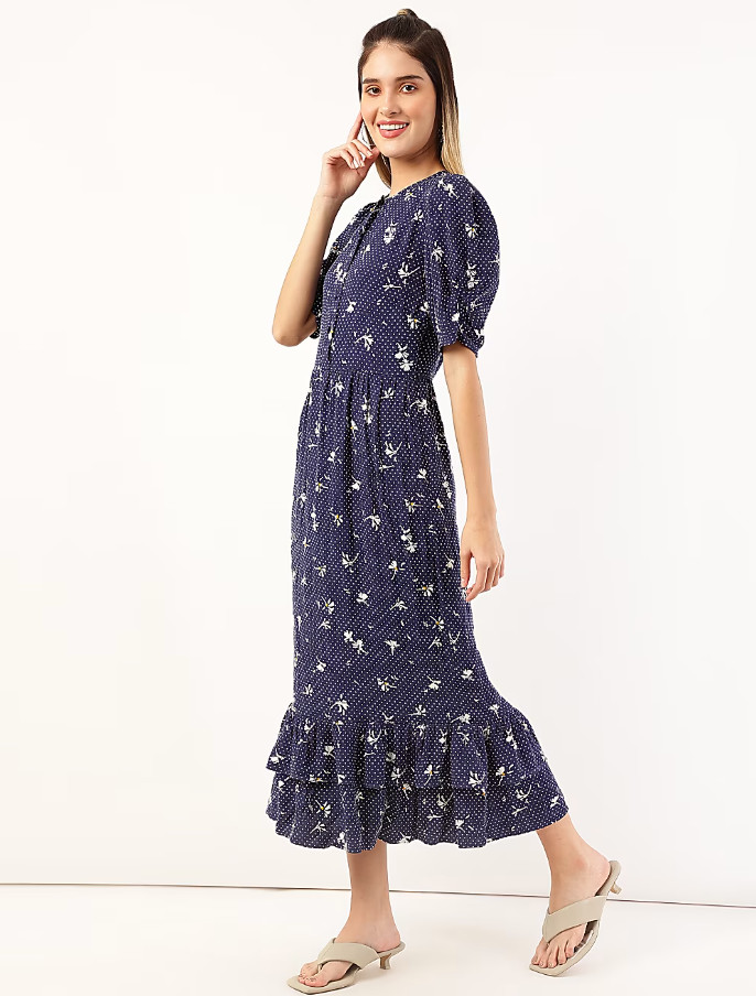 GRANATOWA MIDI SUKIENKA PRINT T69-6008X-F4