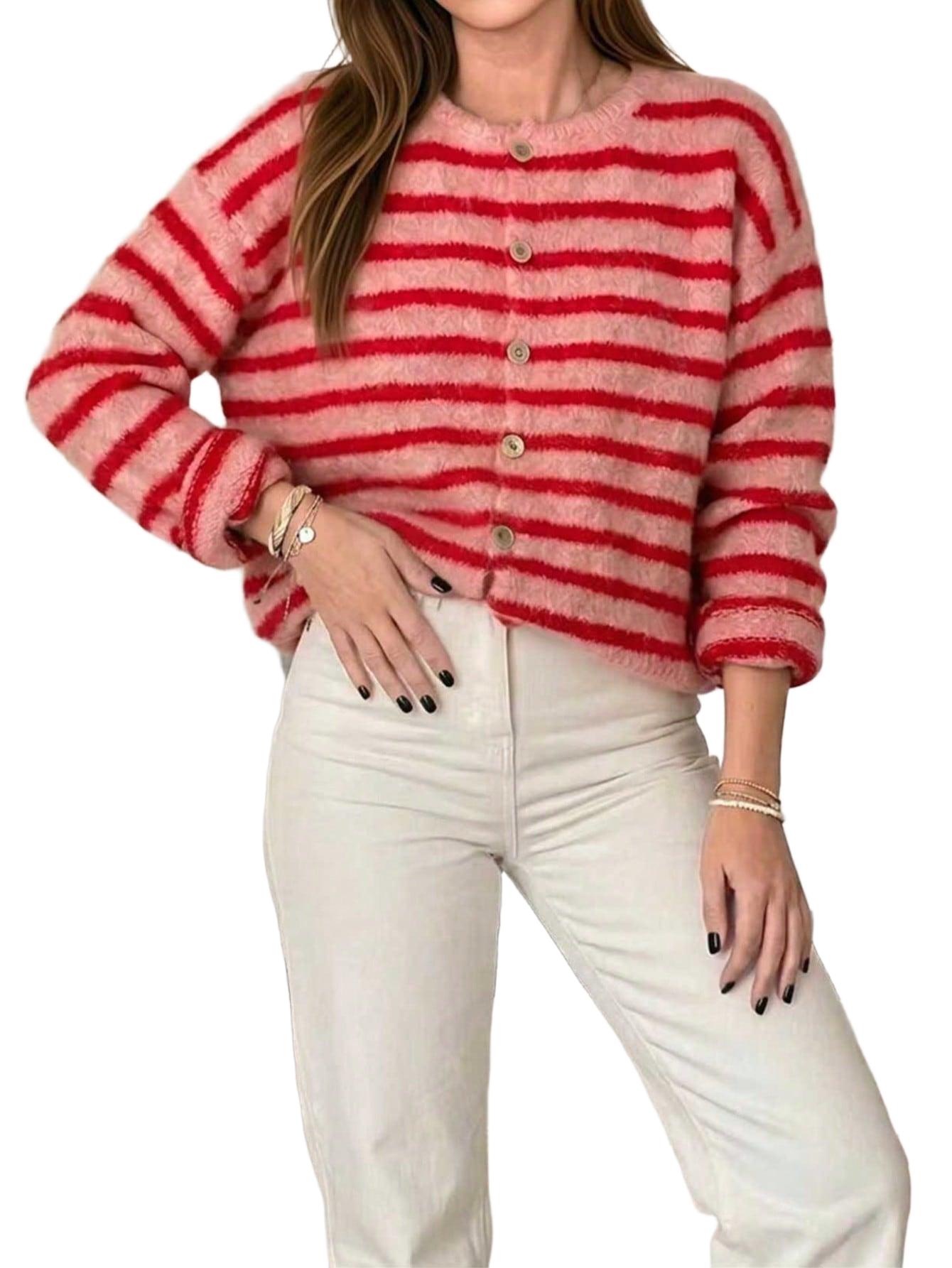 SWETER ROZPINANY DAMSKI W PASKI W STYLU RETRO