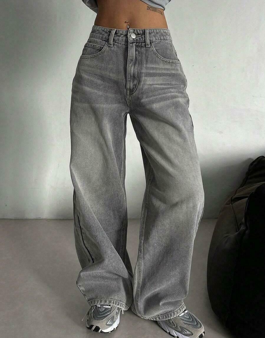 SZARE SPODNIE JEANS SZEROKIE NOGAWKI