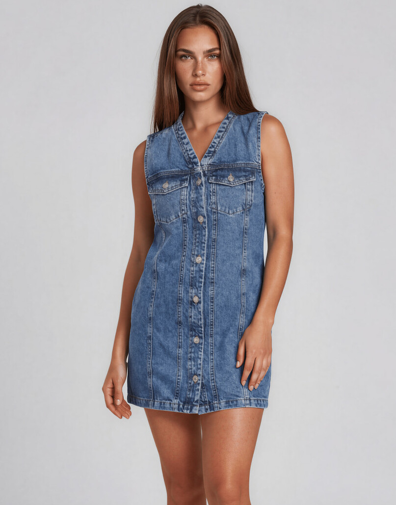 MINI SUKIENKA BEZ RĘKAWÓW JEANS V-NECK GUZIKI