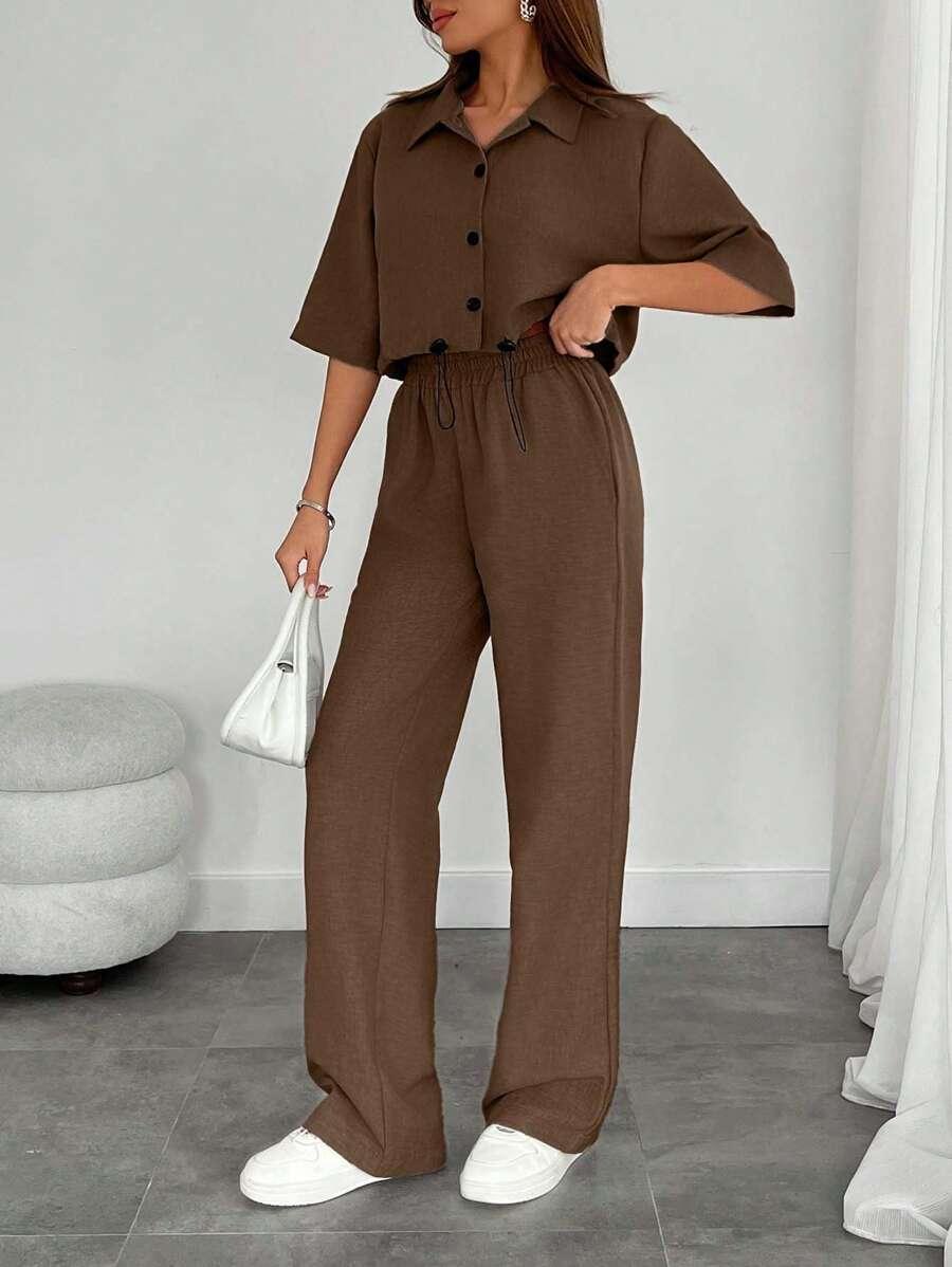 BRĄZOWY KOMPLET BLUZKA SPODNIE