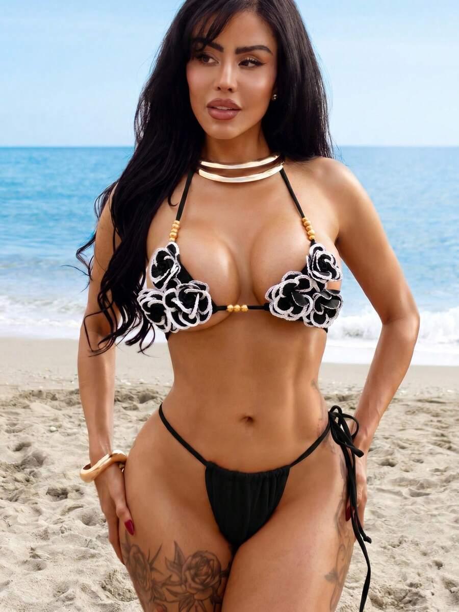 dwuczęściowy strój kąpielowy bikini komplet kwiaty 3d