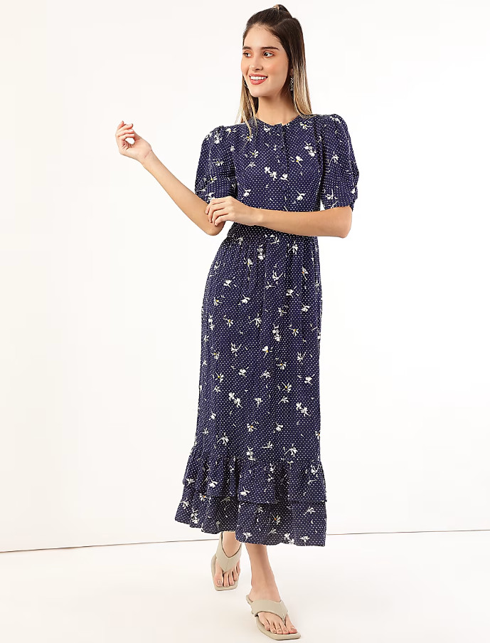 GRANATOWA MIDI SUKIENKA PRINT T69-6008X-F4