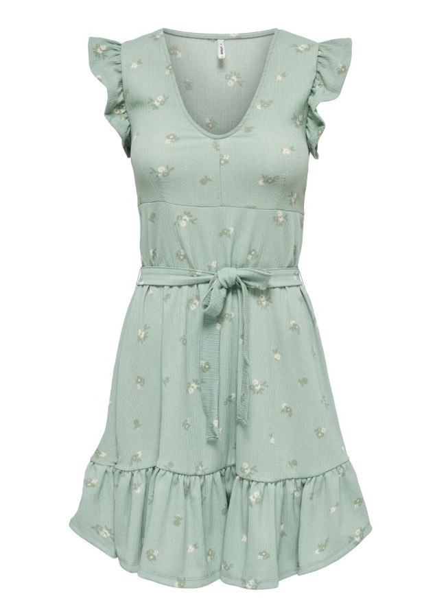 zielona mini sukienka falbany kwiaty v-neck