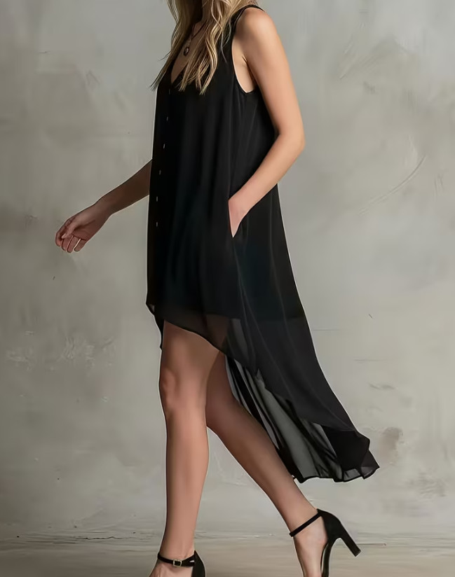 asymetryczna sukienka bez rękawów v neck guziki