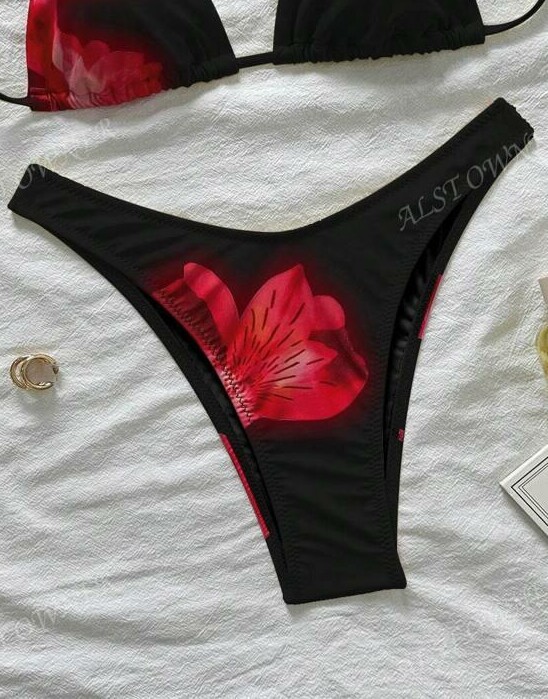 czarny dół od bikini wzór kwiaty