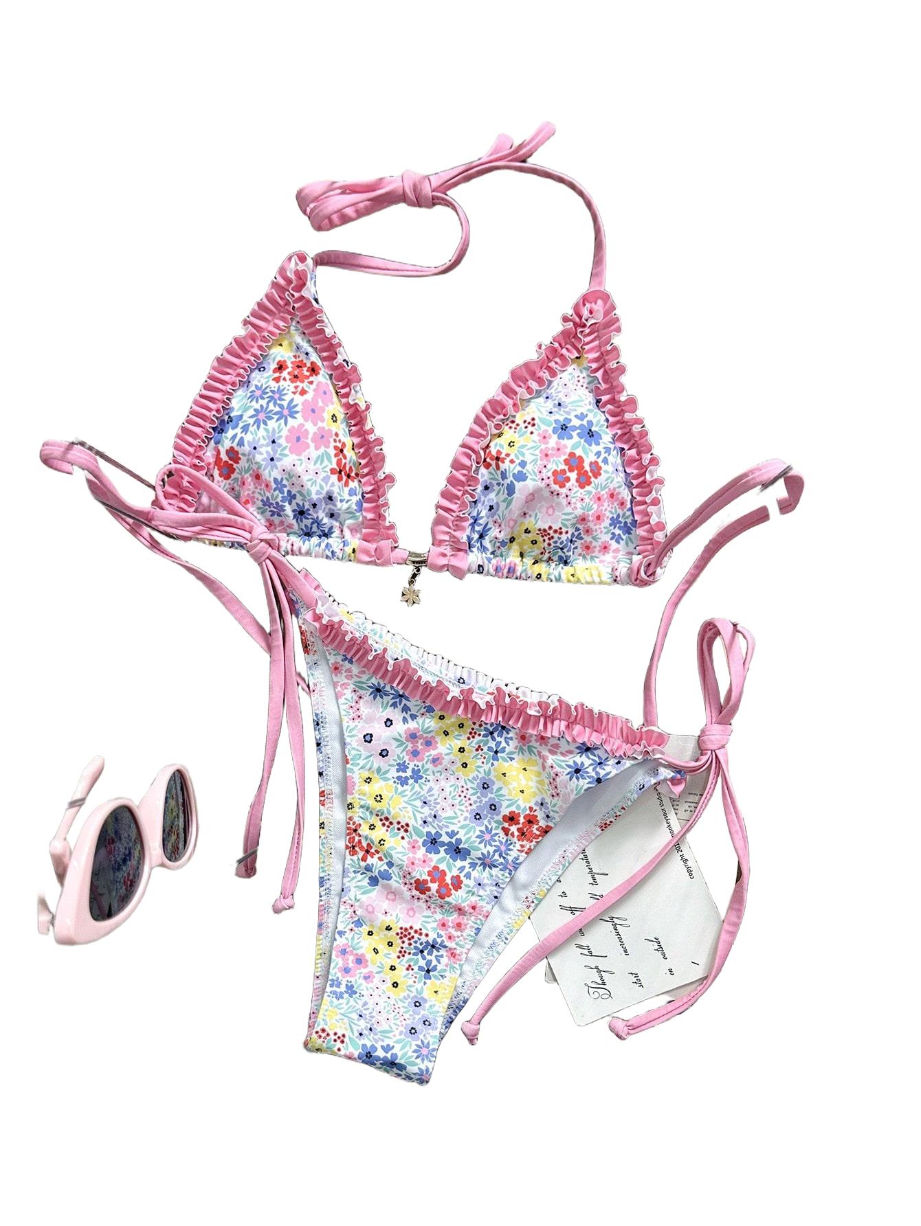 KOMPLET BIKINI WIĄZANY W KWIATY