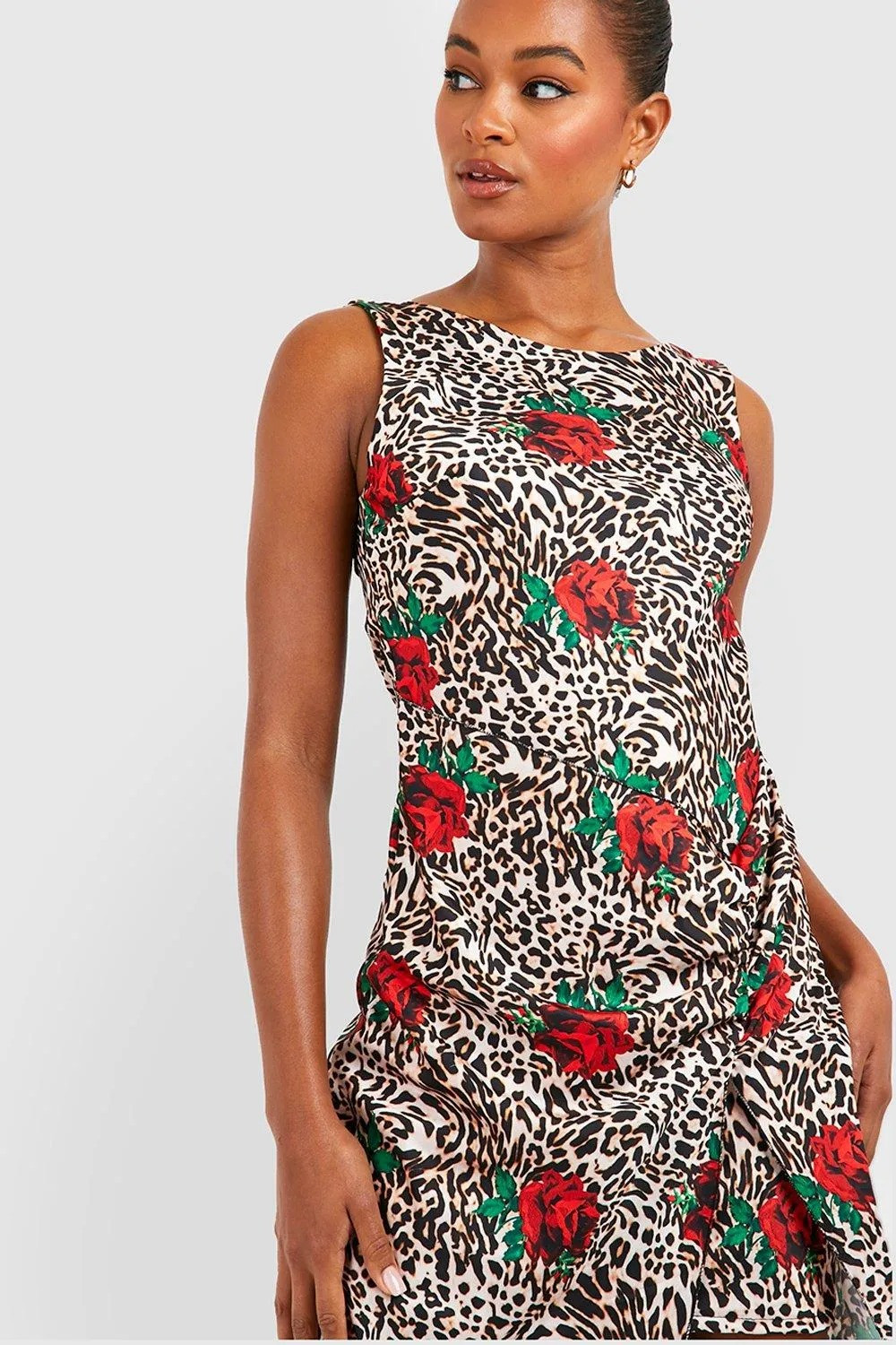 ASYMETRYCZNA MAXI SUKIENKA ANIMAL PRINT KWIATY
