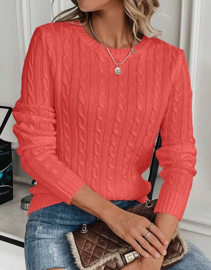 sweter okrągły dekolt splot warkocz