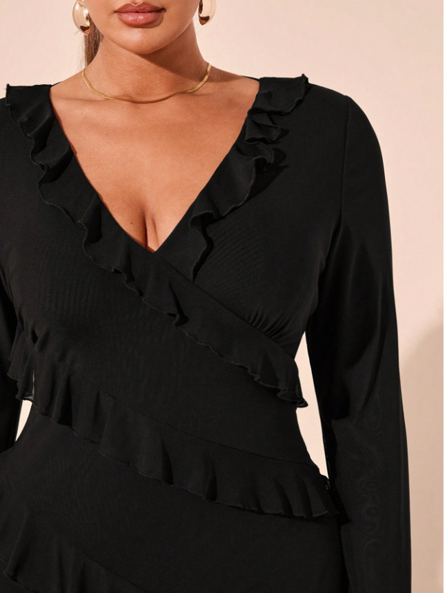 CZARNA MAXI SUKIENKA V-NECK