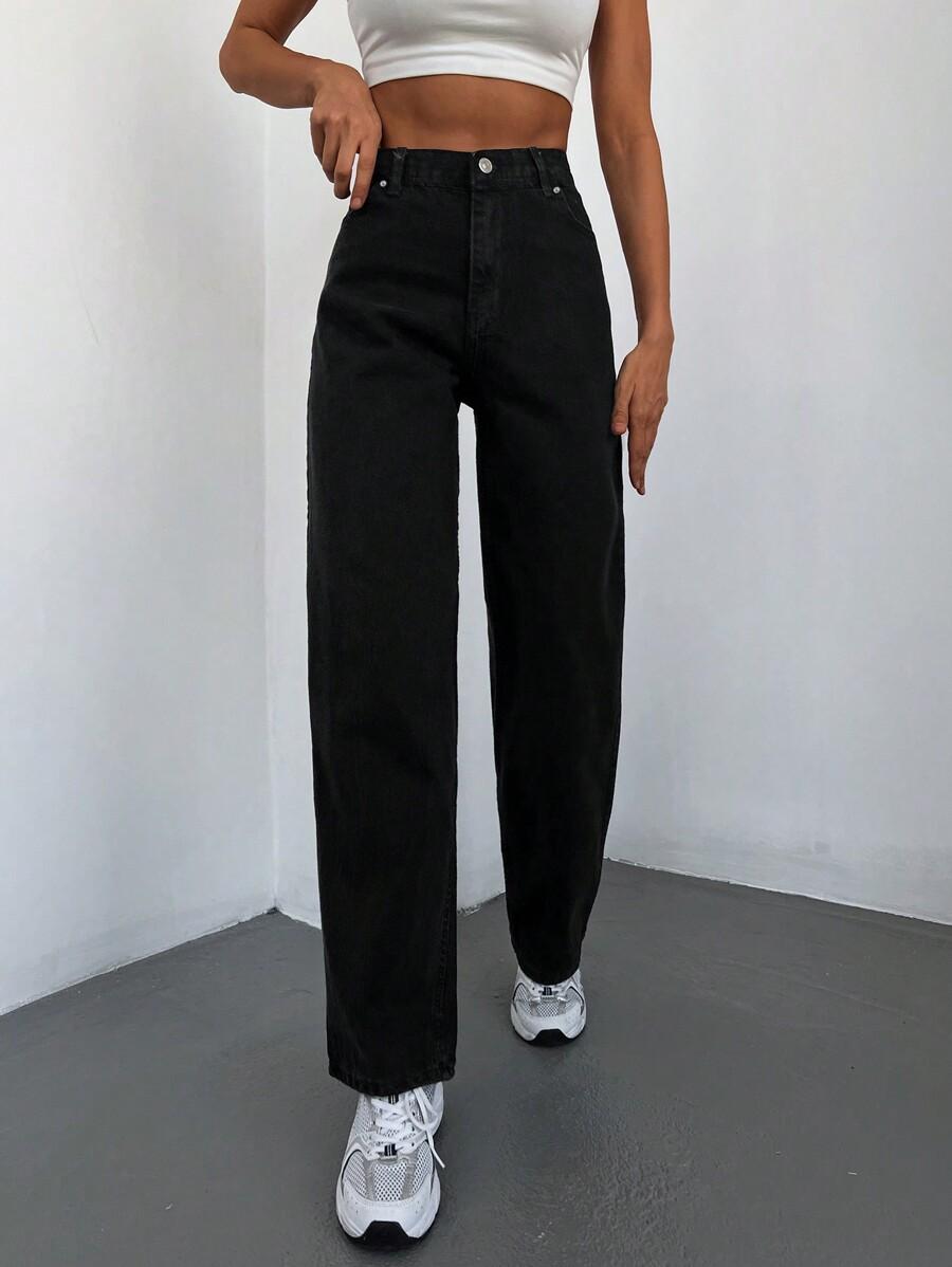CZARNE PROSTE SPODNIE JEANS WYSOKI STAN KIESZENIE