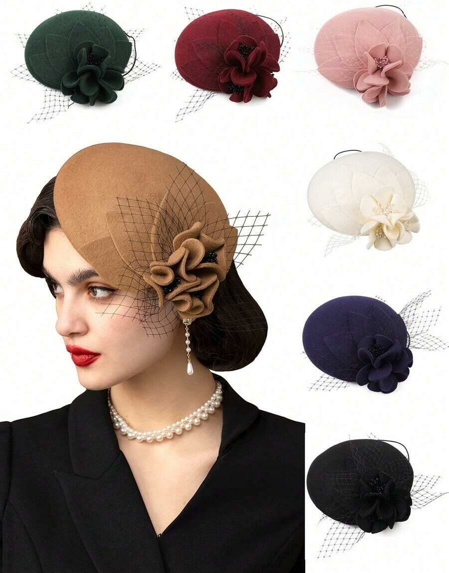 granatowy filcowy toczek beret kwiat zdobienie