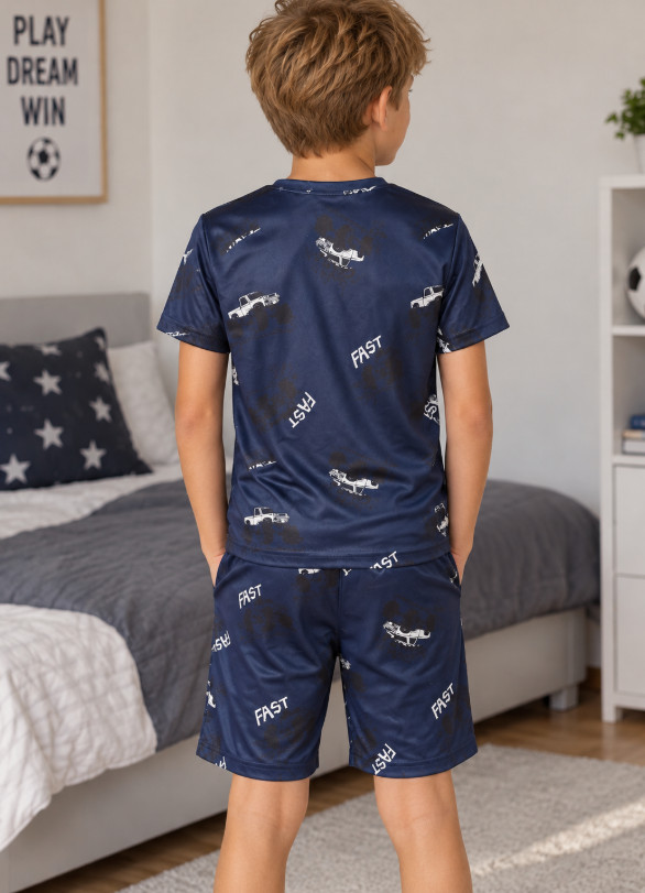 granatowa piżama komplet krótkie spodenki t-shirt