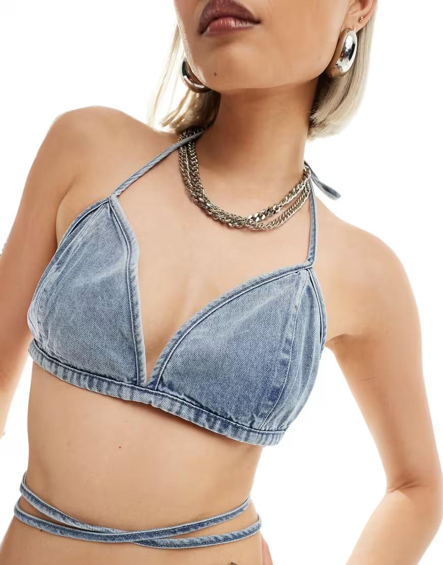 NIEBIESKI JEANSOWY TOP WIĄZANIE