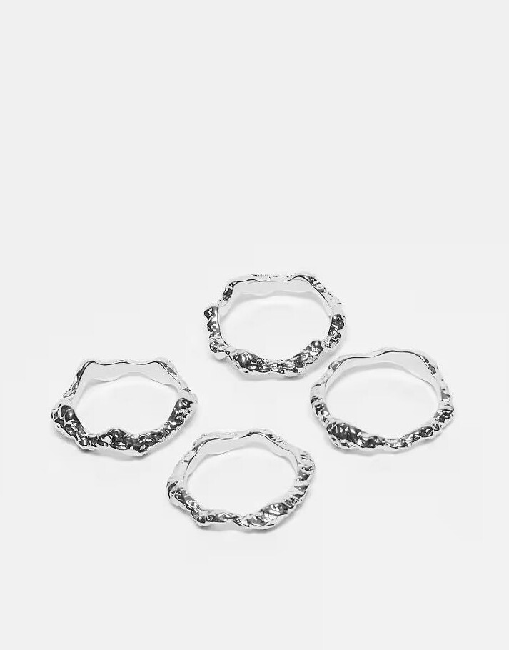 młotkowane pierścionki w kolorze srebra 4-pack