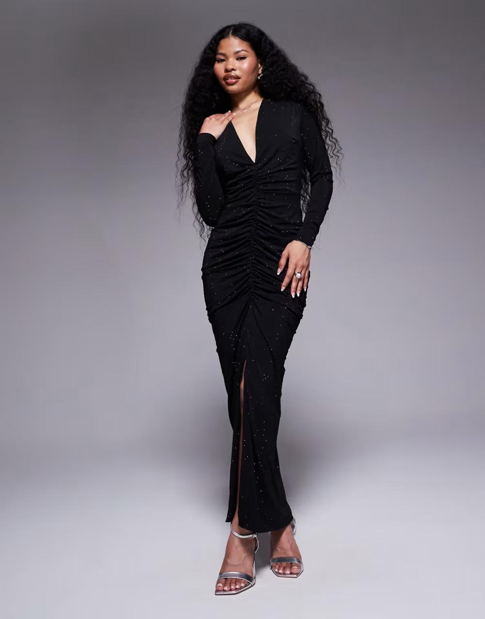 CZARNA MAXI SUKIENKA DŁUGI RĘKAW V-NECK