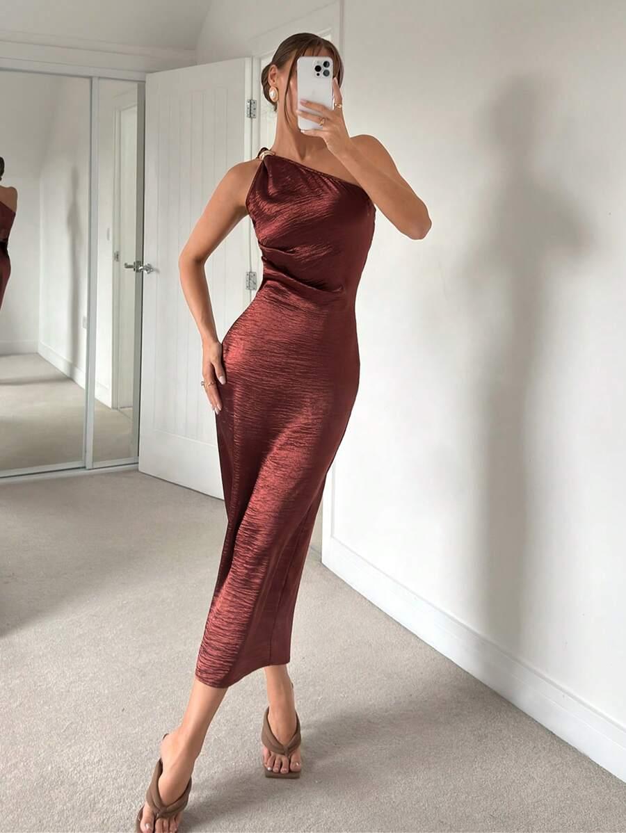 BRĄZOWA SATYNOWA SUKIENKA 