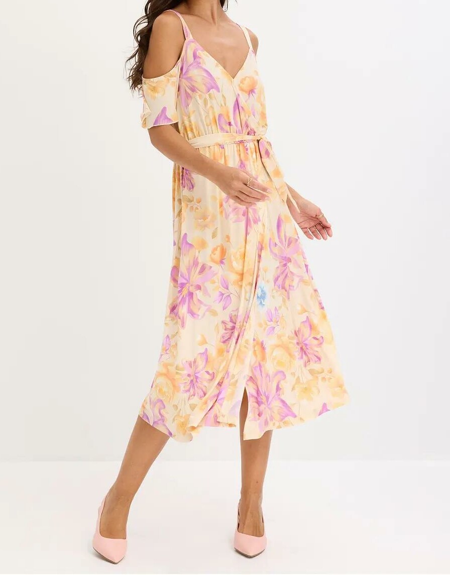 SUKIENKA BOHO MIDI Z DEKOLTEM V I KRÓTKIM RĘKAWEM