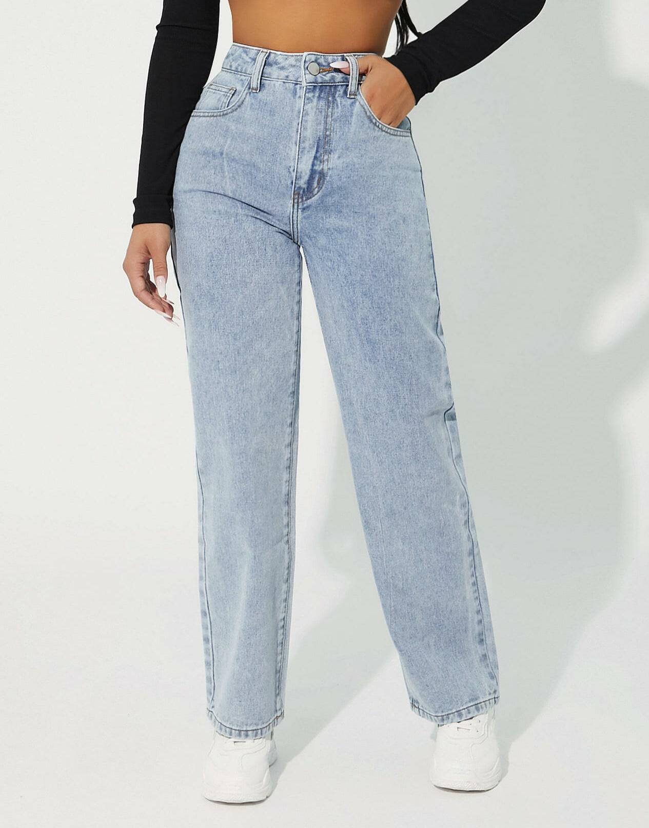NIEBIESKIE SPODNIE JEANS PROSTA NOGAWKA WYSOKI STAN