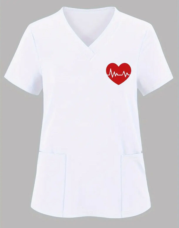 biała bluzka v-neck uniform kieszonki nadruk