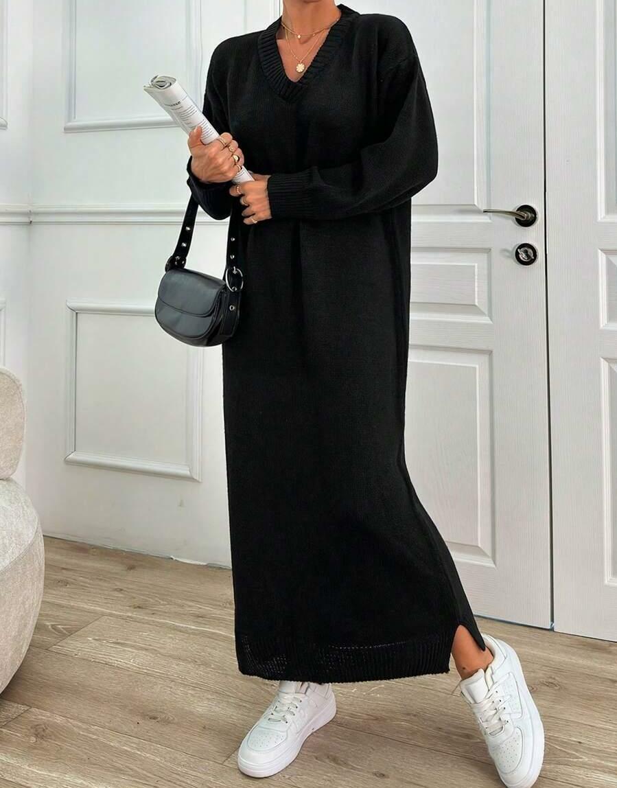 CZARNA SUKIENKA DZIANINA V-NECK