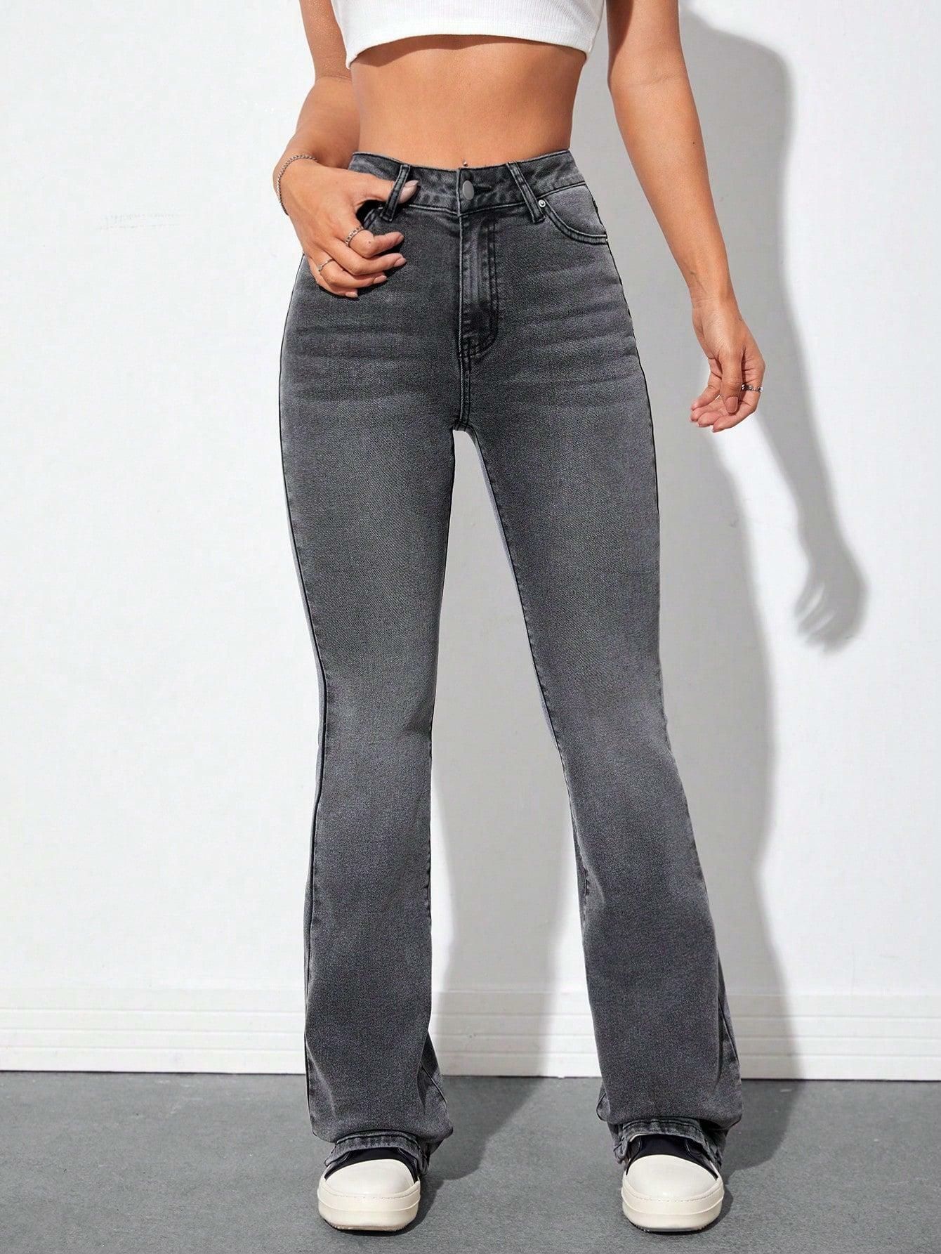 szare spodnie flare jeans kieszenie