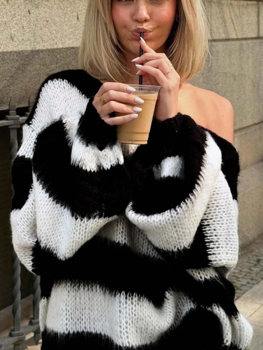 sweter paski fluffy kontrast