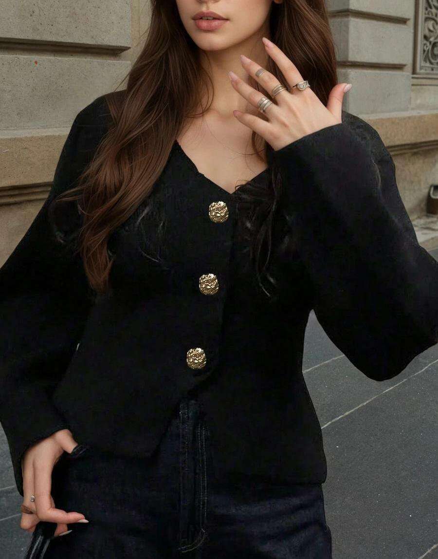 CZARNY SWETER KARDIGAN V NECK