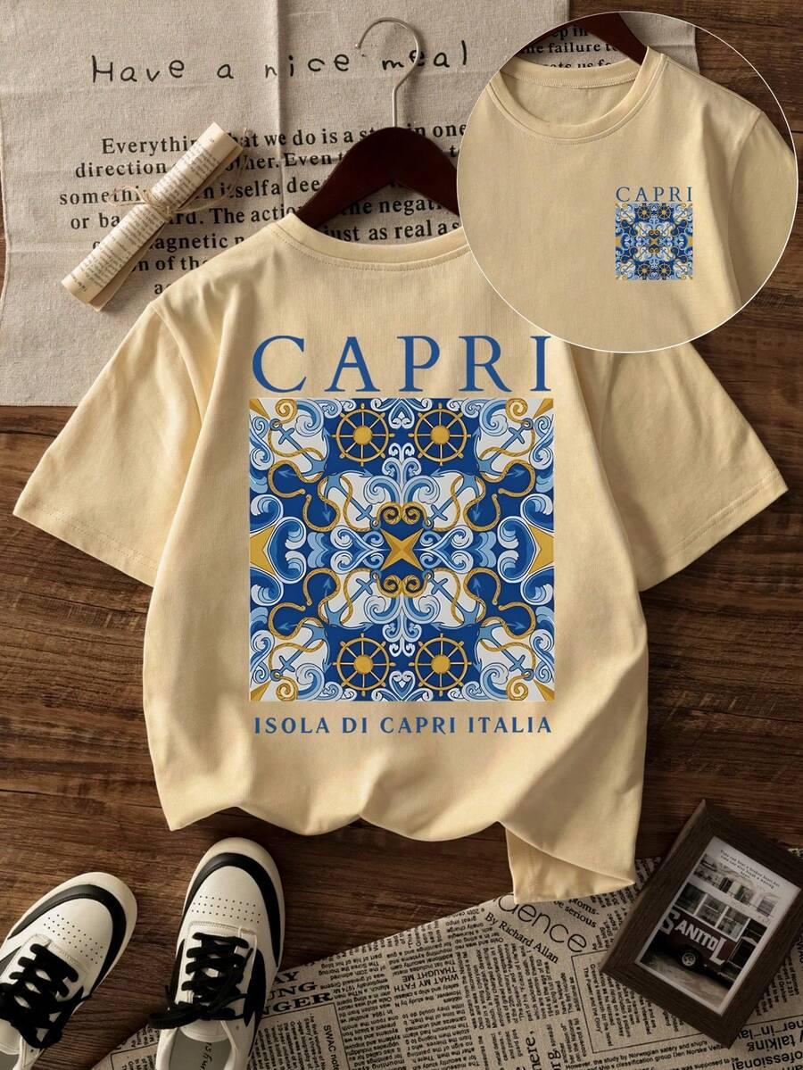 beżowy t-shirt z nadrukiem okrągły dekolt capri