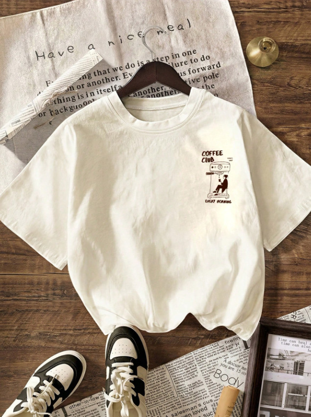kremowy t-shirt nadruk coffee club