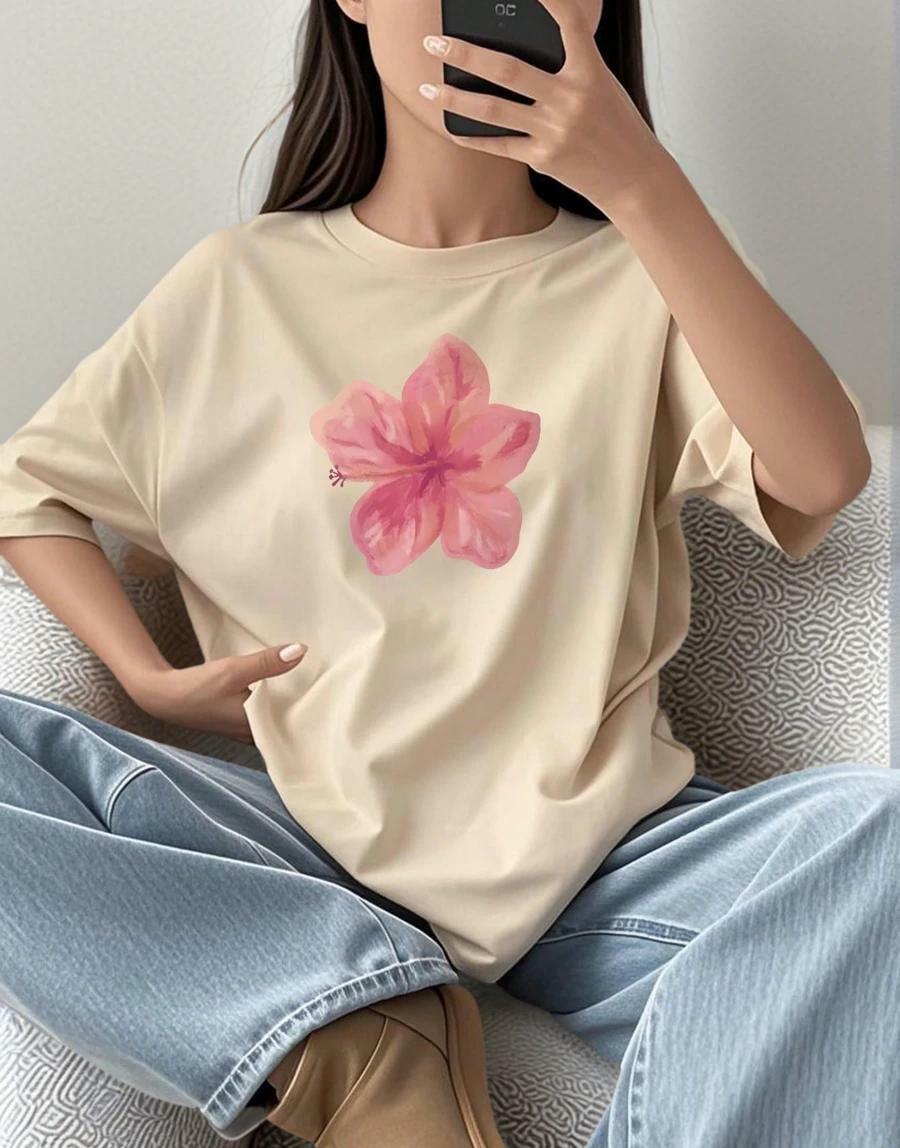 beżowy t-shirt nadruk kwiat