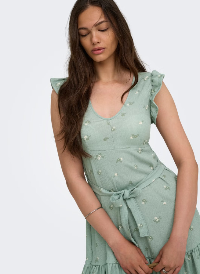 zielona mini sukienka falbany kwiaty v-neck