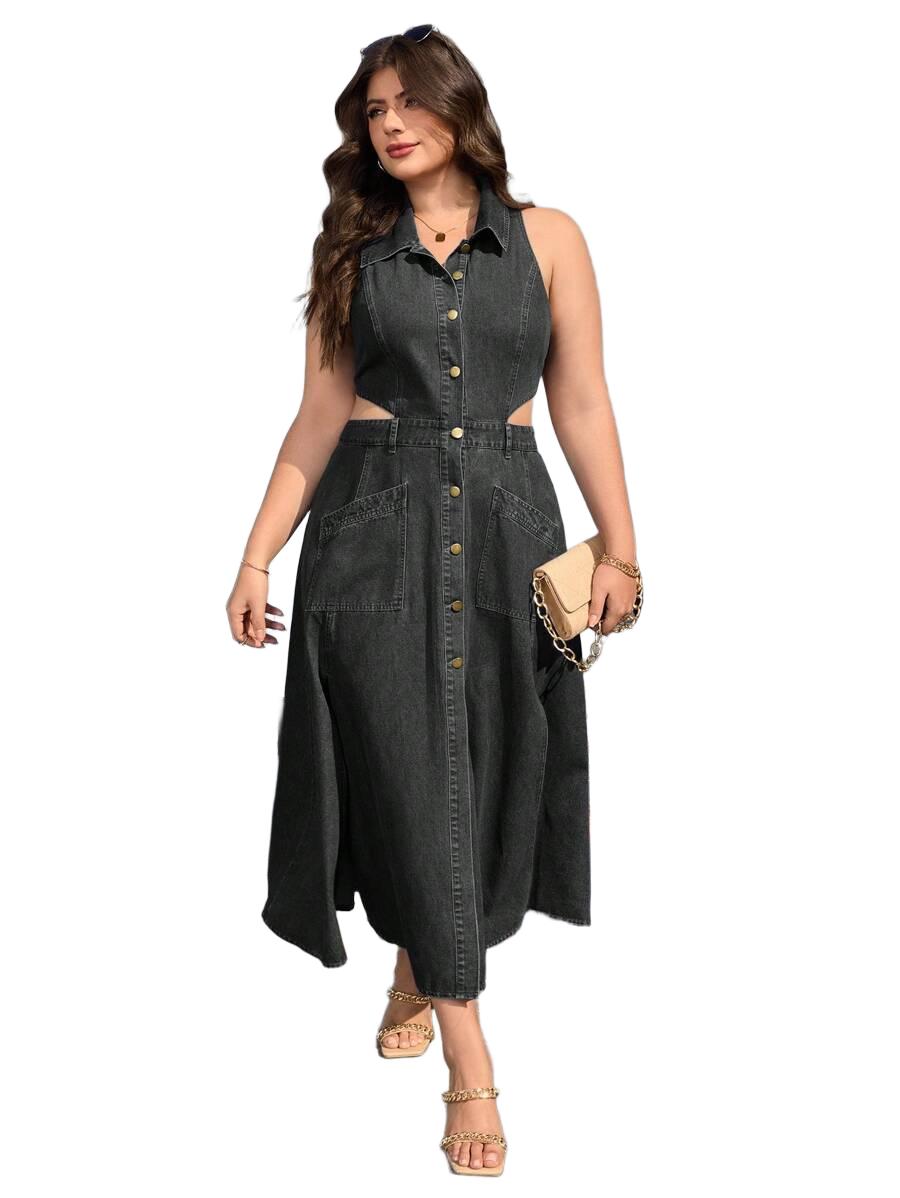 SUKIENKA JEANSOWA MIDI Z KOŁNIERZYKIEM PLUS SIZE