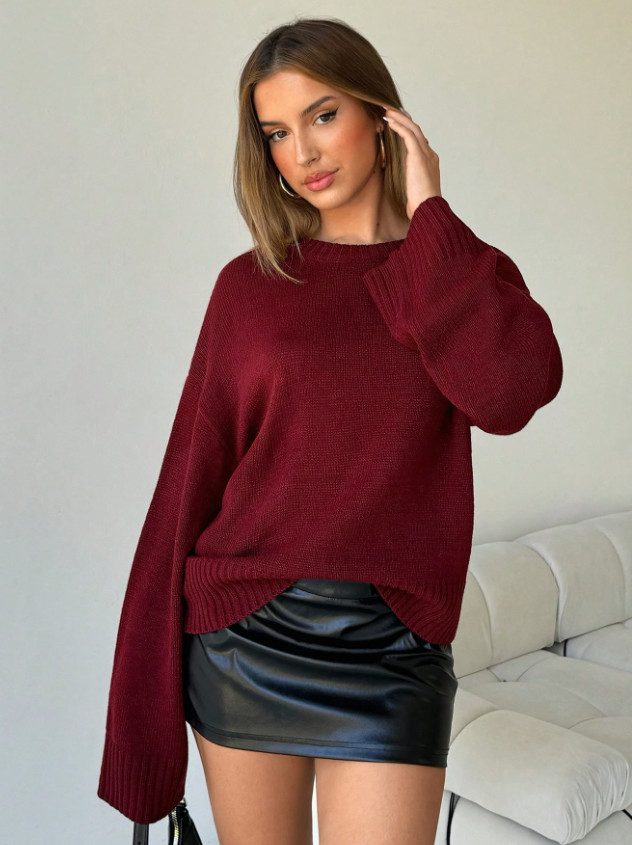 LUŹNY DZIANINOWY SWETER OKRĄGŁY DEKOLT 