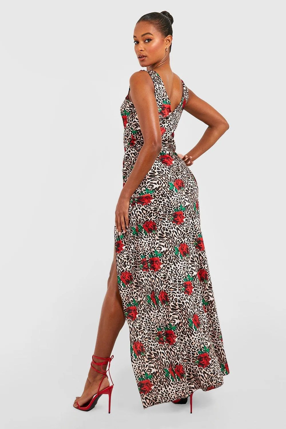 ASYMETRYCZNA MAXI SUKIENKA ANIMAL PRINT KWIATY