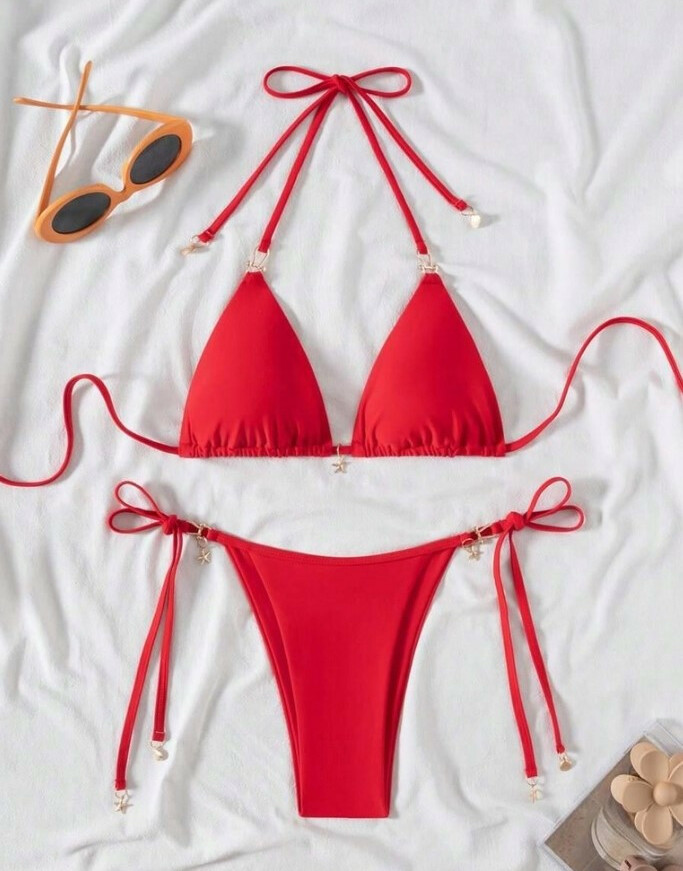 CZERWONY KOMPLET BIKINI WIĄZANIE ZAWIESZKI