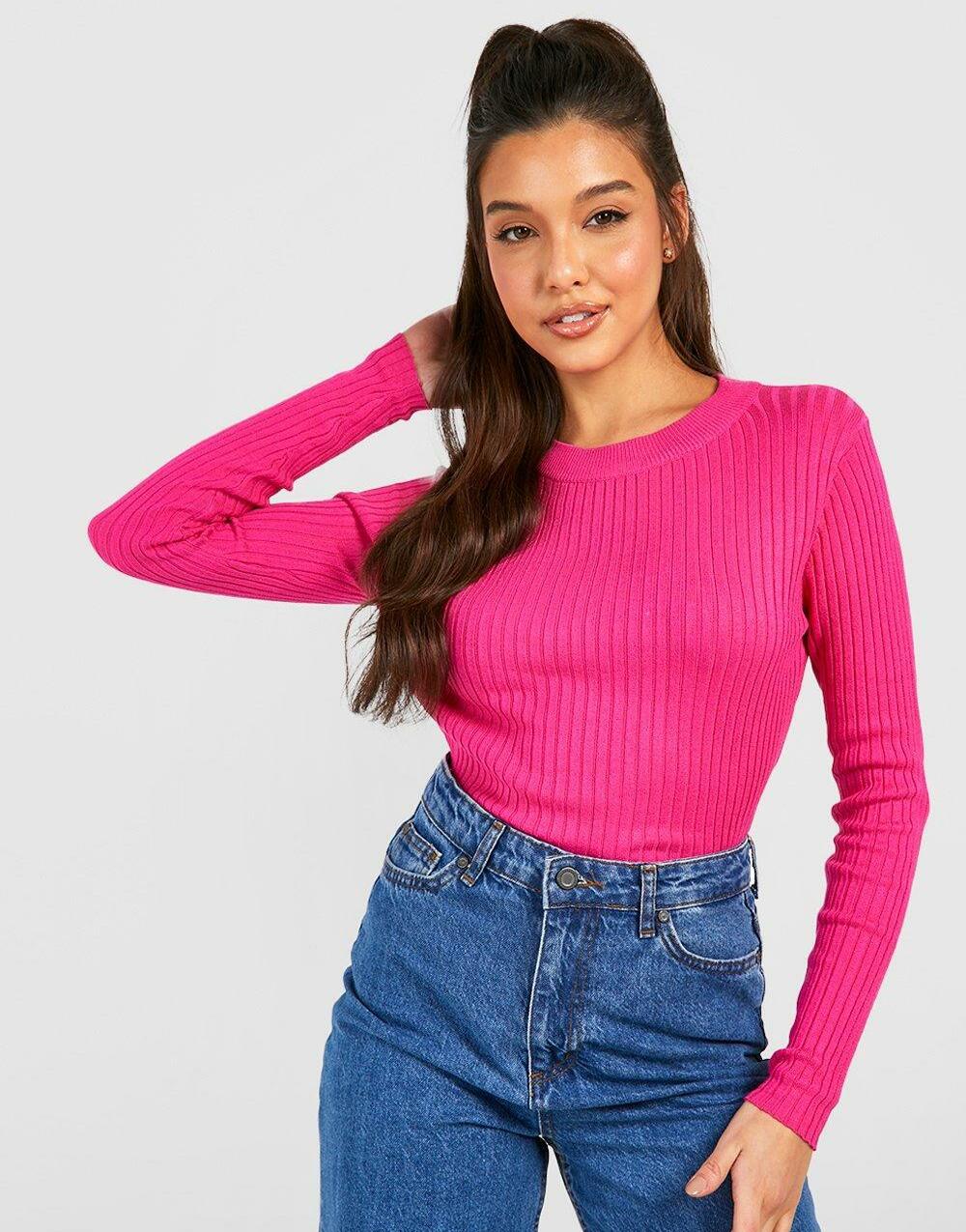 różowy dopasowany sweter prążki