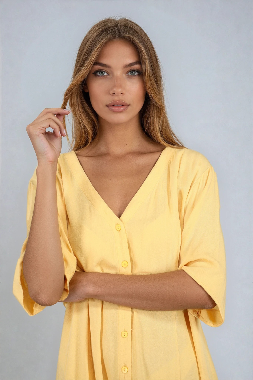 ŻÓŁTA SUKIENKA V-NECK GUZIKI