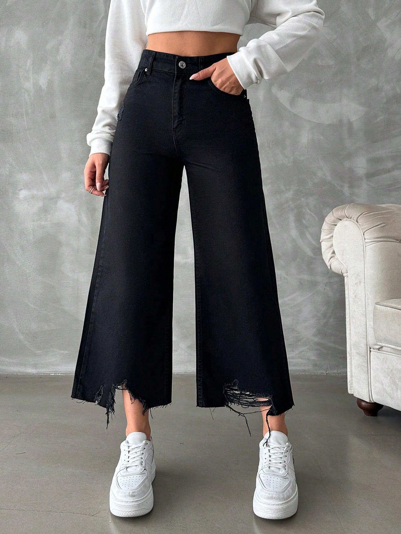 CZARNE SZEROKIE SPODNIE JEANS 7/8 PRZETARCIA WYSOKI STAN