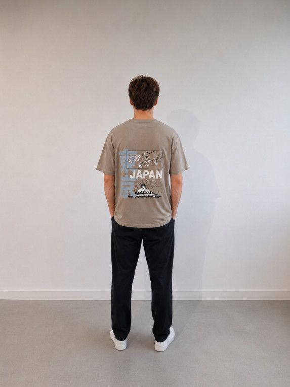 BAWEŁNIANY BEŻOWY T-SHIRT OKRĄGŁY DEKOLT NADRUK JAPAN