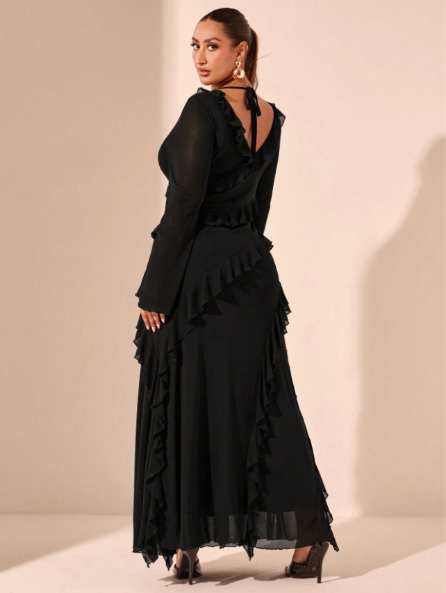 CZARNA MAXI SUKIENKA V-NECK