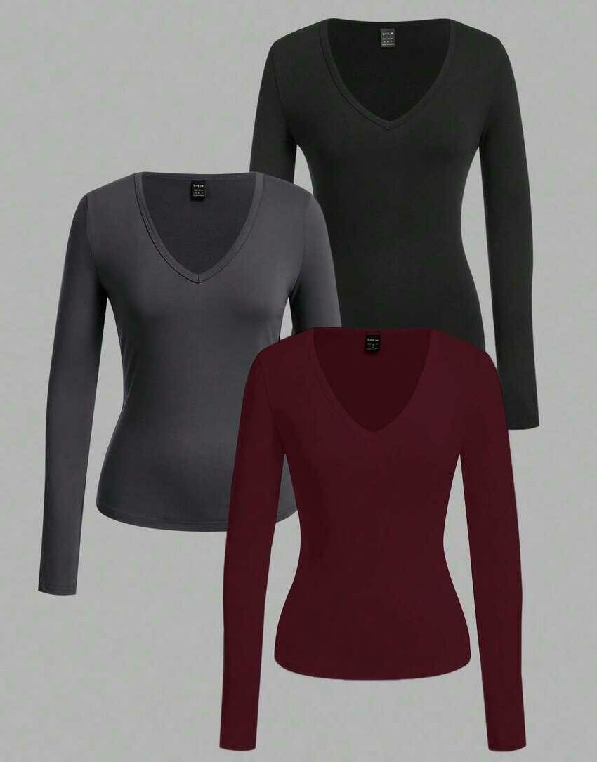 bluzka długi rękaw basic v-neck 3-pack