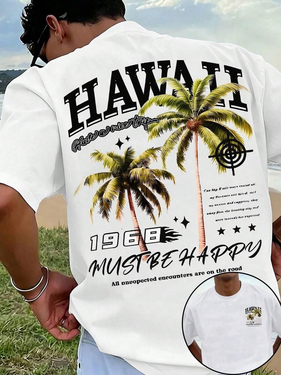 biały t-shirt okrągły dekolt nadruk hawaii