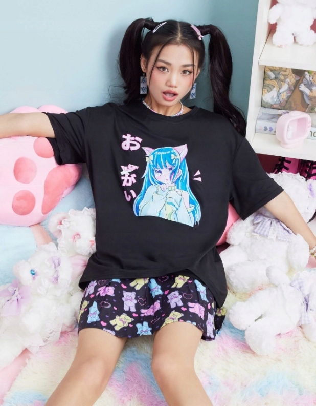 CZARNY T-SHIRT PRINT PIŻAMA
